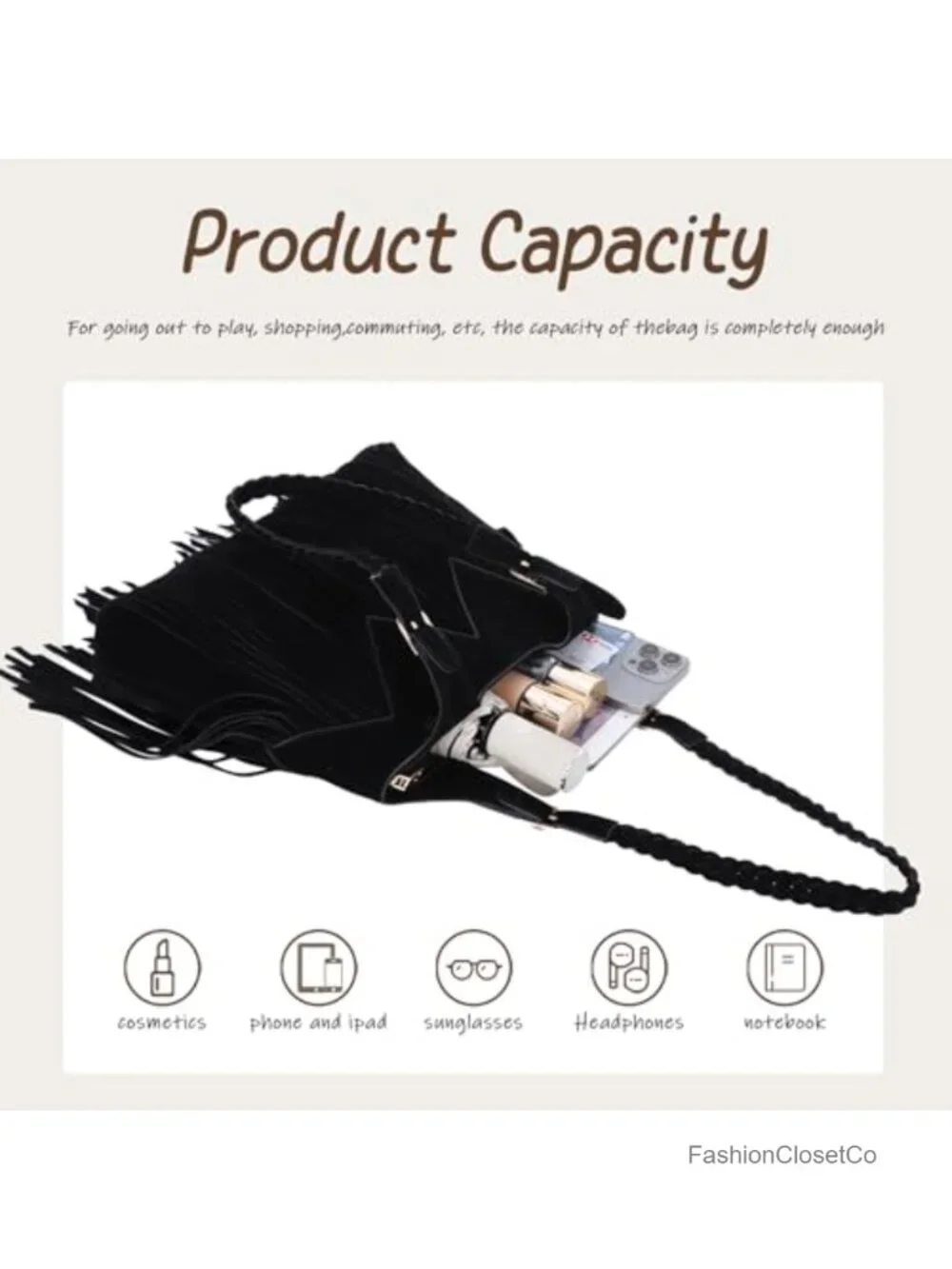 Vegan Faux Suede Leather Fringe Hobo Shoulder Bag with Woven Pattern Tassel